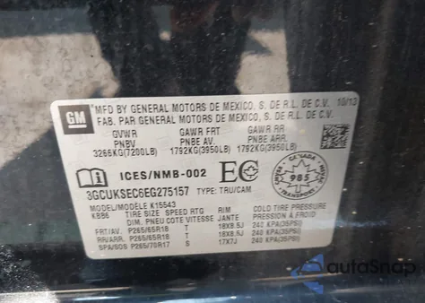 2014 Chevrolet Silverado 1500 1Lz/2Lz из США, поврежденный, VIN 3GCUKSEC6EG275157